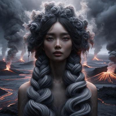 The primary subject of the image is a woman with long, gray hair, wearing a flowery crown and a dress. She is standing in a dark, smoky environment, possibly a volcanic area, with a backdrop of fire and smoke. The visual style of the image is a digital art or illustration, creating a dramatic and moody atmosphere. The colors in the image are predominantly dark and gray, with the woman's hair being the most prominent feature.